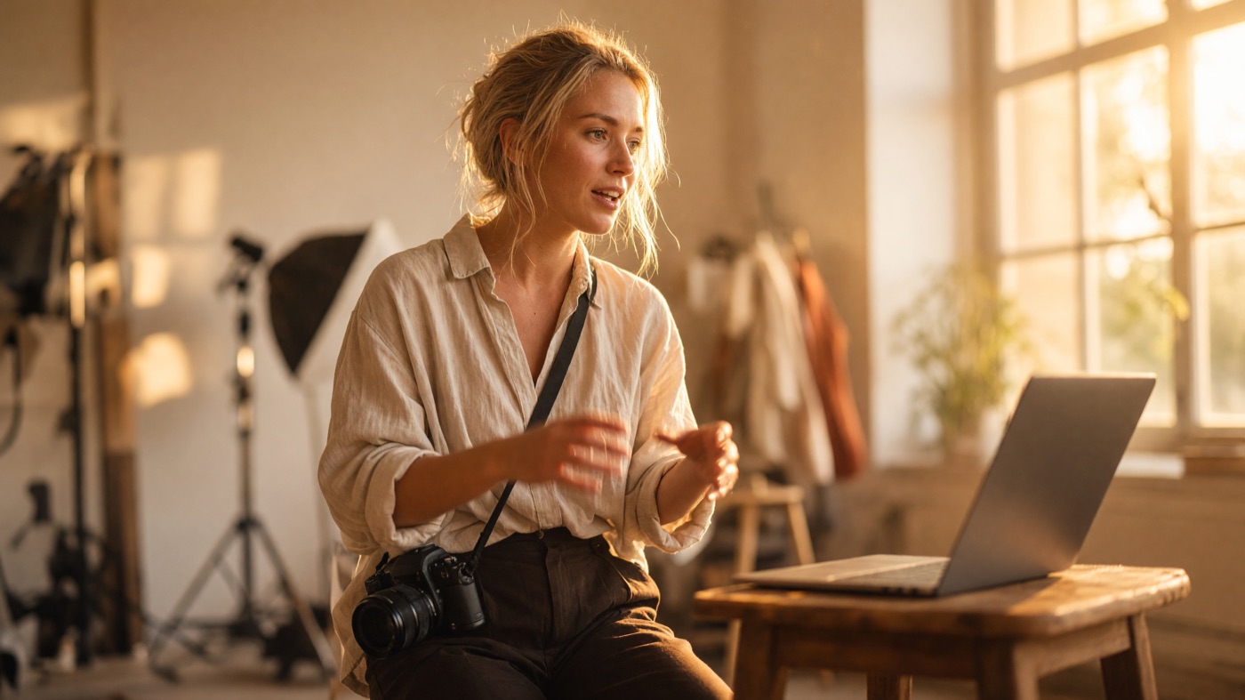 Photographer in golden studio light, talking toward a laptop between shoots